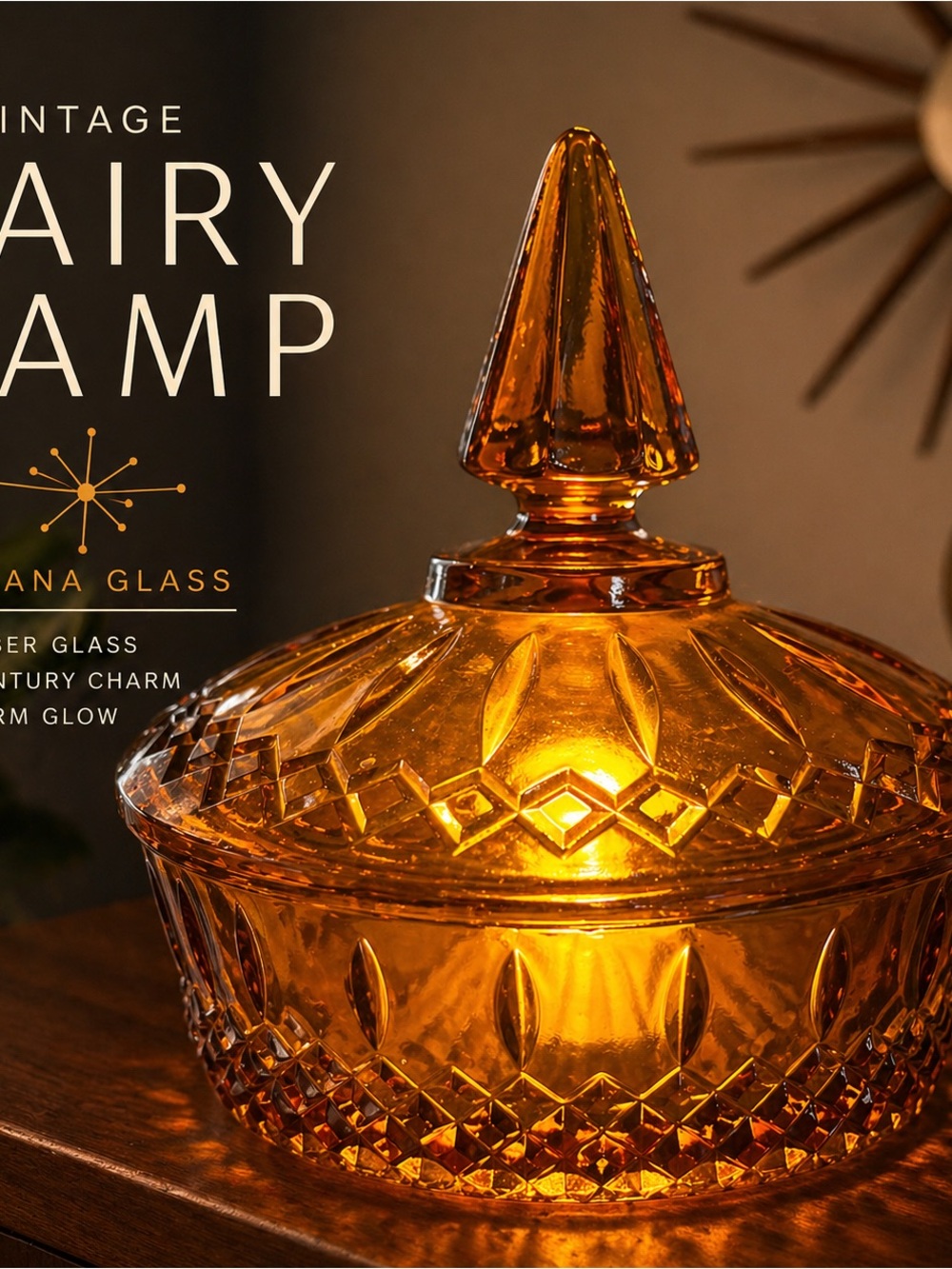 Vintage Amber Glass Fairy Lamp Indiana Lid Dish Cottagecore Glow